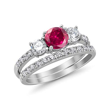 3-Stone Wedding Bridal Piece Ring Round Simulated Ruby CZ 925 Sterling Silver